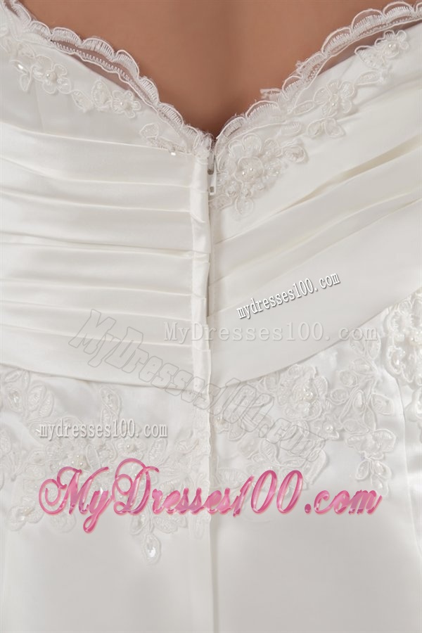 Column Sweetheart Appliques Court Train Satin Wedding Dress