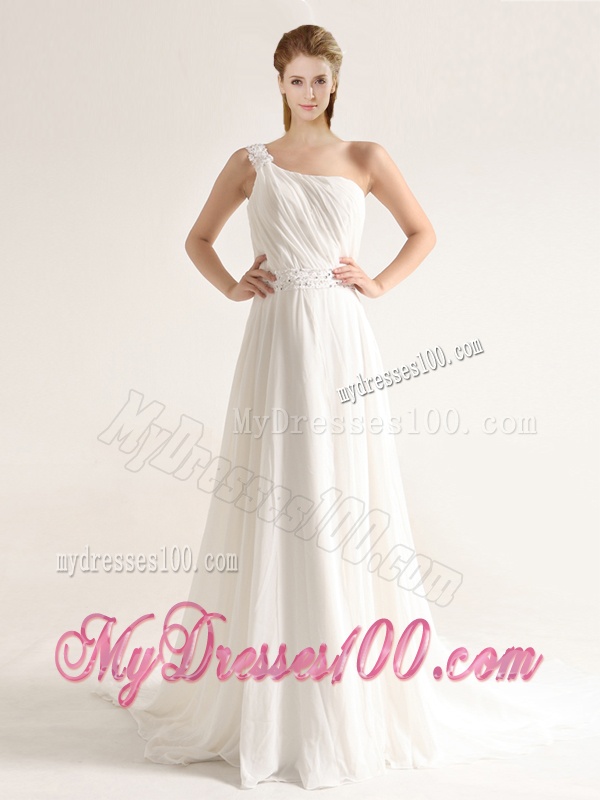 Elegant One Shoulder Court Train Wedding Dresses with Beading and Ruching