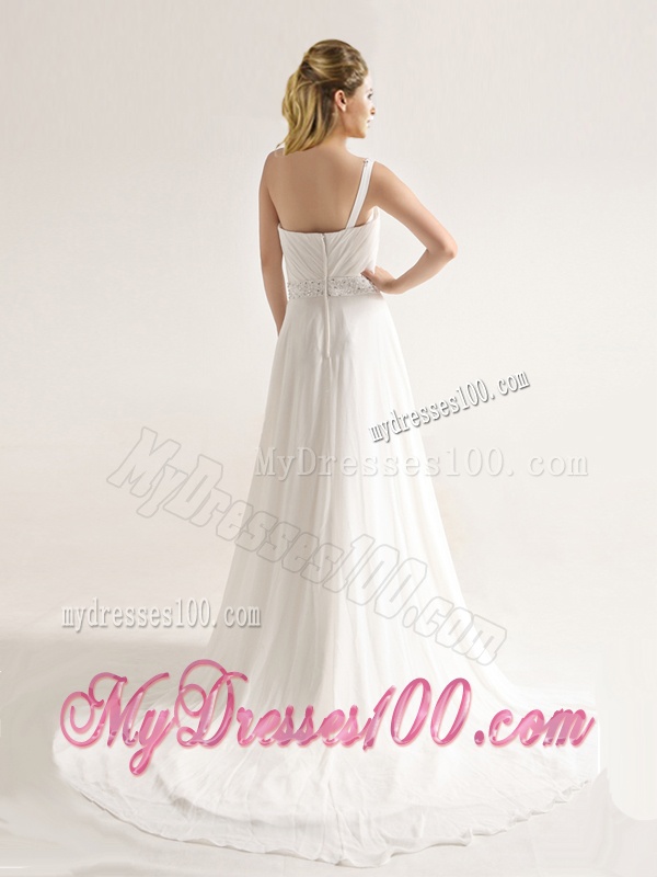 Elegant One Shoulder Court Train Wedding Dresses with Beading and Ruching