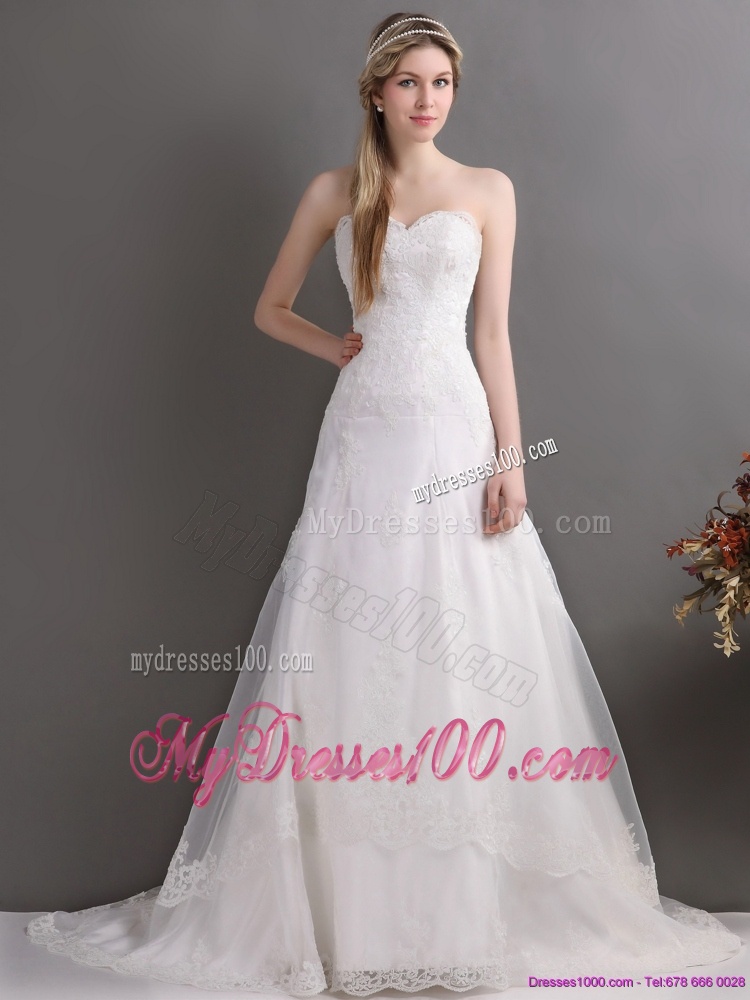 Gorgeous Laced Brush Train White Wedding Dresses in White