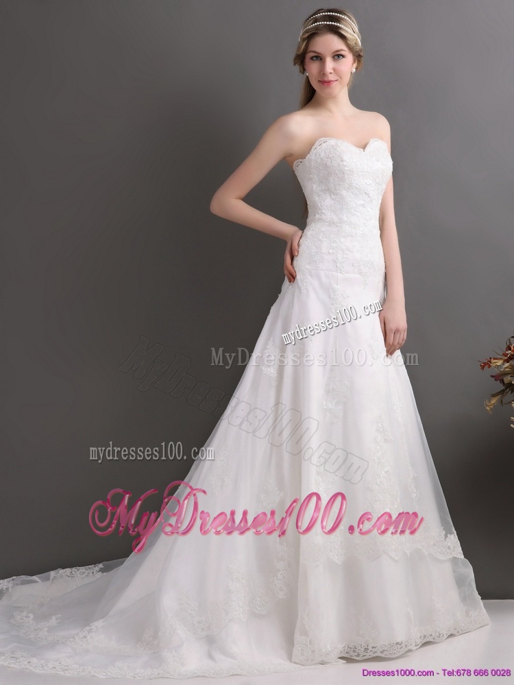Gorgeous Laced Brush Train White Wedding Dresses in White