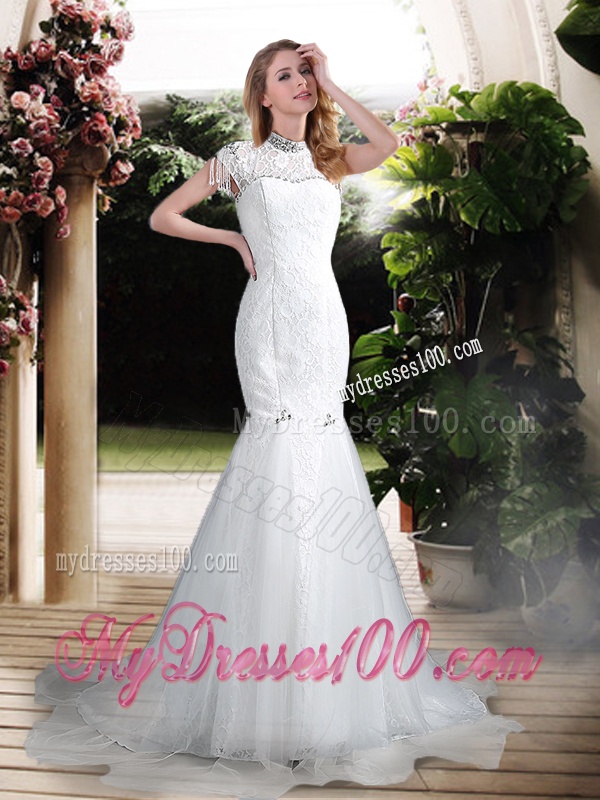 Luxurious Mermaid High Neck Beading Wedding Dresses with Brush Train