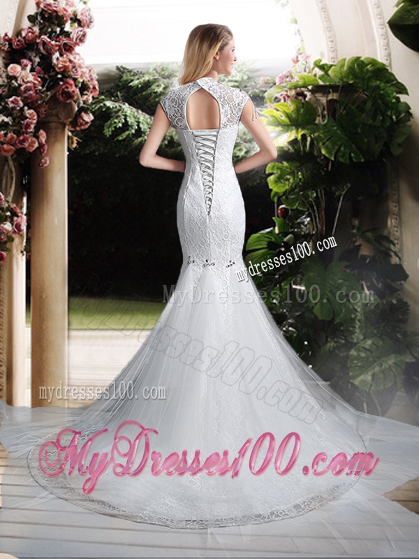 Luxurious Mermaid High Neck Beading Wedding Dresses with Brush Train