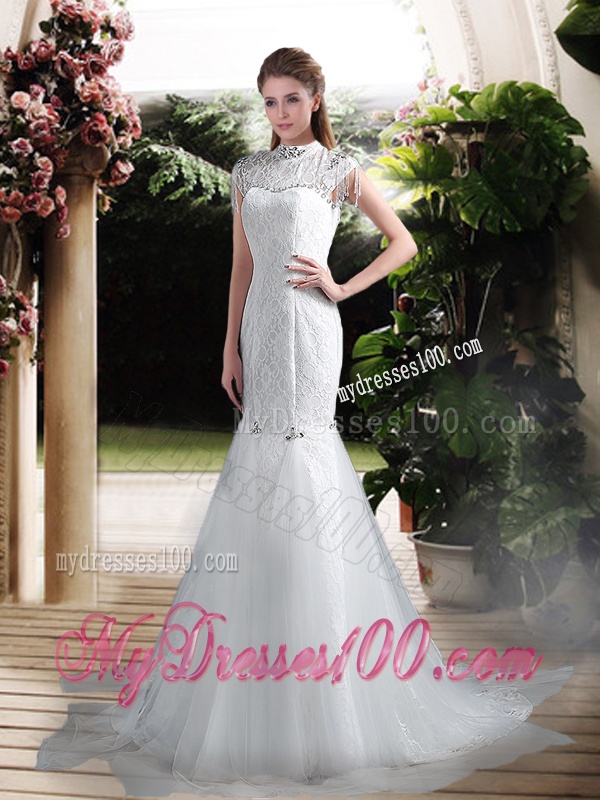 Luxurious Mermaid High Neck Beading Wedding Dresses with Brush Train