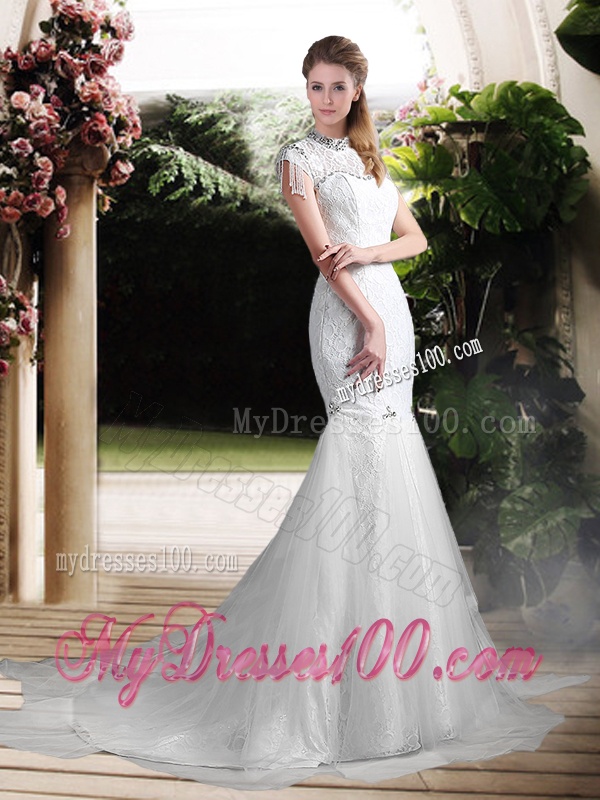 Luxurious Mermaid High Neck Beading Wedding Dresses with Brush Train