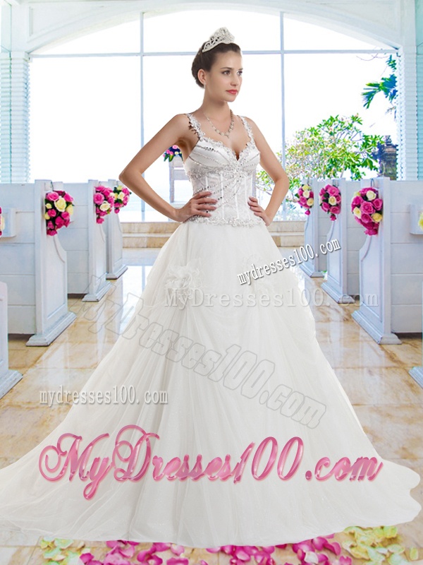 Luxurious Straps Beaded Hand Made Flowers Bridal Gown