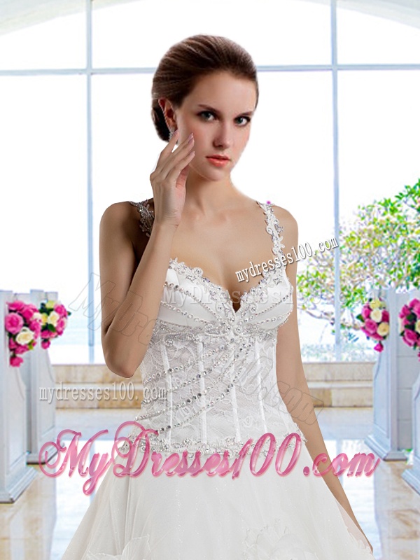Luxurious Straps Beaded Hand Made Flowers Bridal Gown