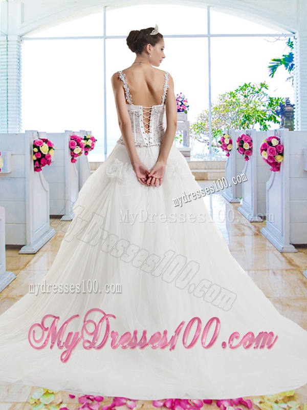 Luxurious Straps Beaded Hand Made Flowers Bridal Gown