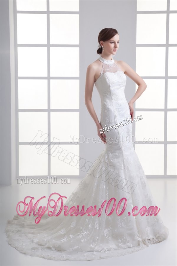 Mermaid Halter Top Lace Court Train Wedding Dress