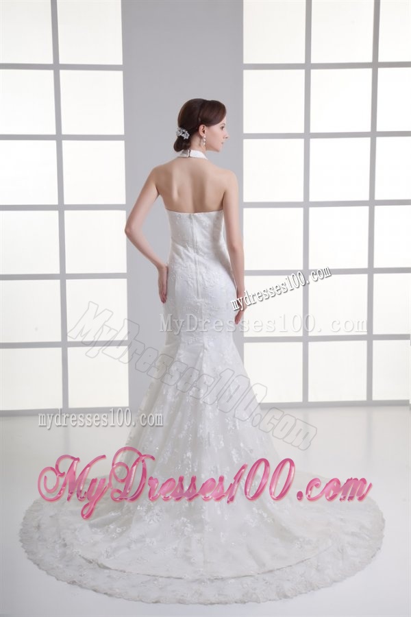 Mermaid Halter Top Lace Court Train Wedding Dress