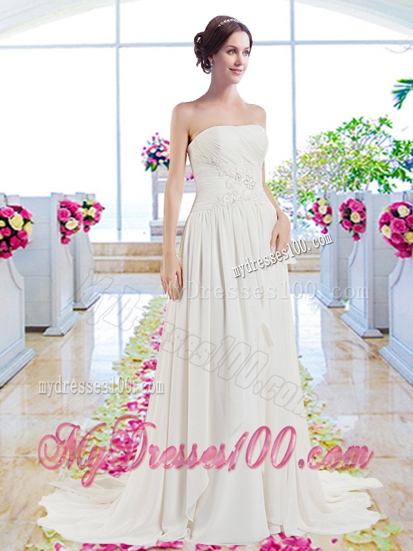 Modest Brush Train Wedding Dresses with Belt and Appliques