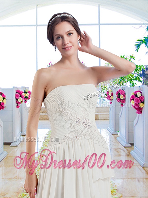 Modest Brush Train Wedding Dresses with Belt and Appliques
