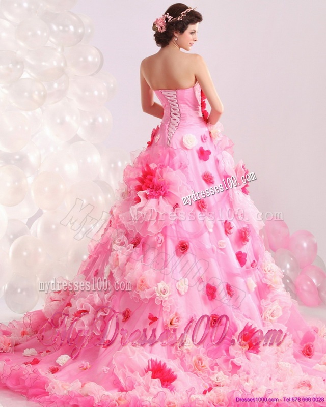 Multi Color Strapless Wedding Gown with Hand Made Flower and Chapel Train