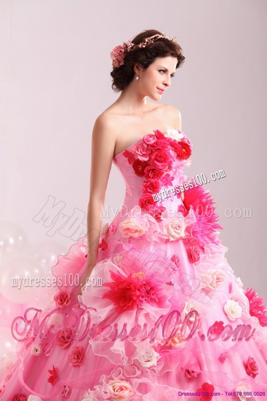 Multi Color Strapless Wedding Gown with Hand Made Flower and Chapel Train