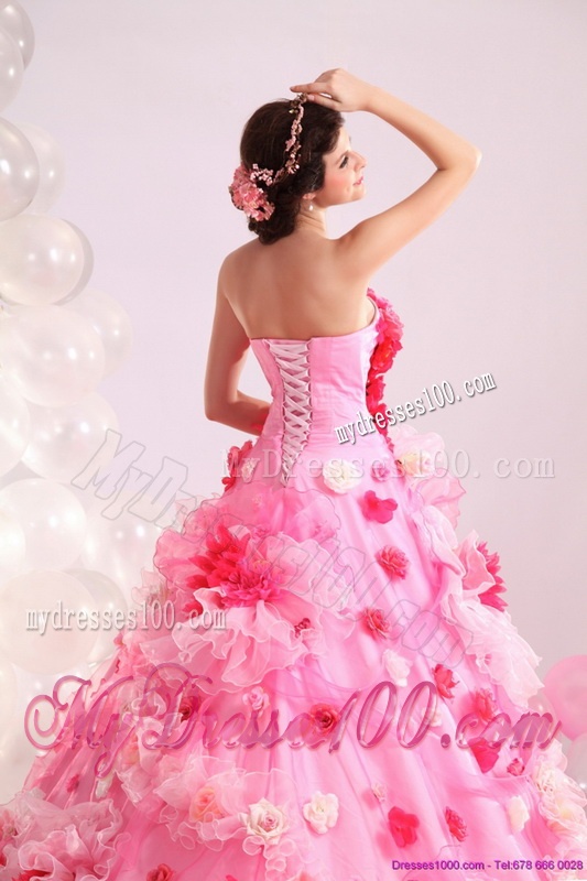 Multi Color Strapless Wedding Gown with Hand Made Flower and Chapel Train