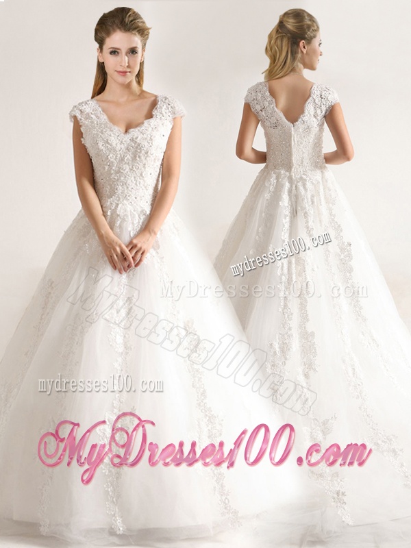 New Style A Line Tull Short Sleeves Wedding Dresses with Beading and Appliques