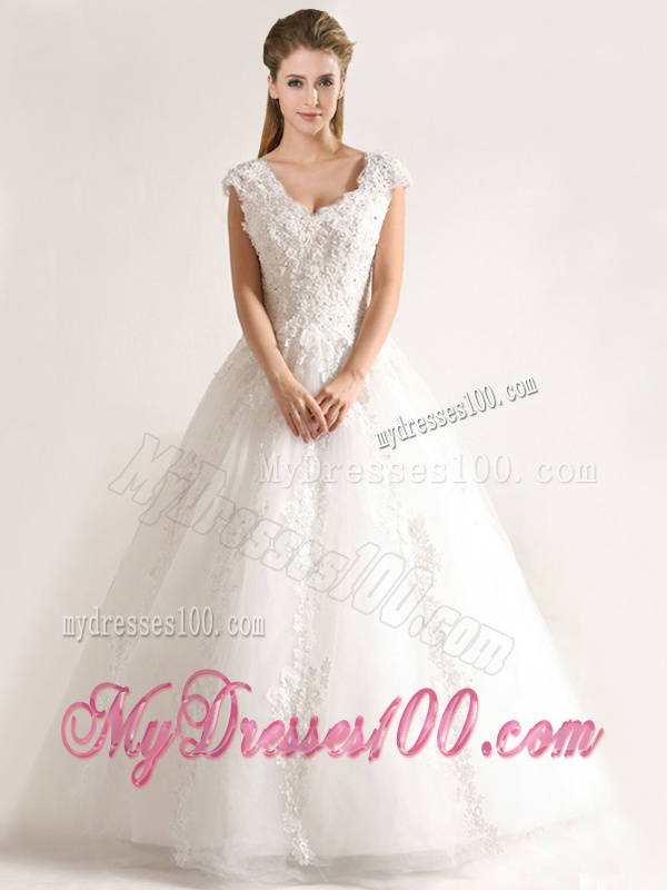 New Style A Line Tull Short Sleeves Wedding Dresses with Beading and Appliques
