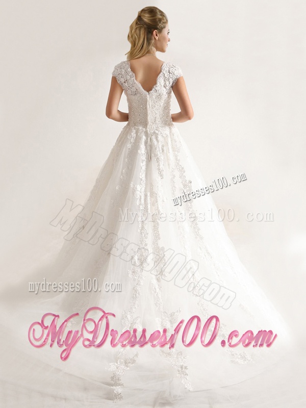 New Style A Line Tull Short Sleeves Wedding Dresses with Beading and Appliques