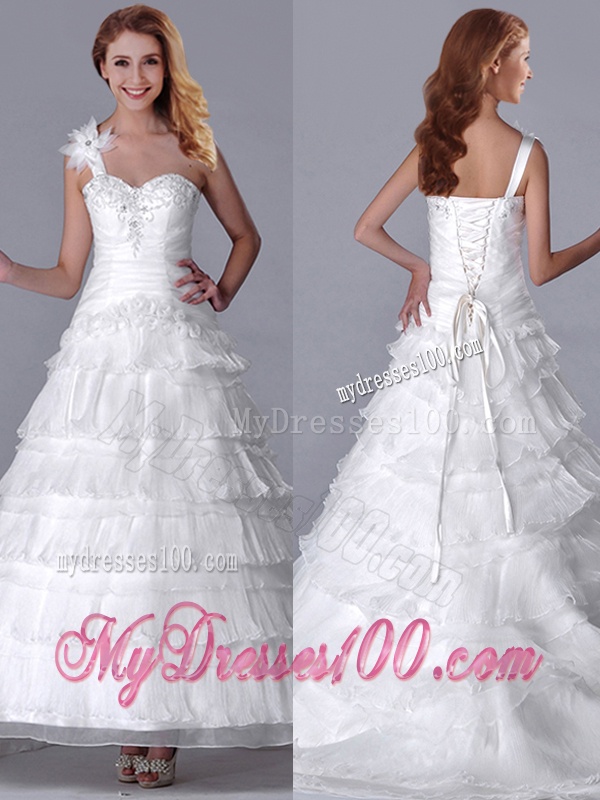 New Style One Shoulder Organza Brush Train Wedding Dress with Beading and Ruffled Layers