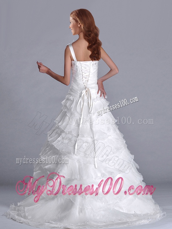 New Style One Shoulder Organza Brush Train Wedding Dress with Beading and Ruffled Layers