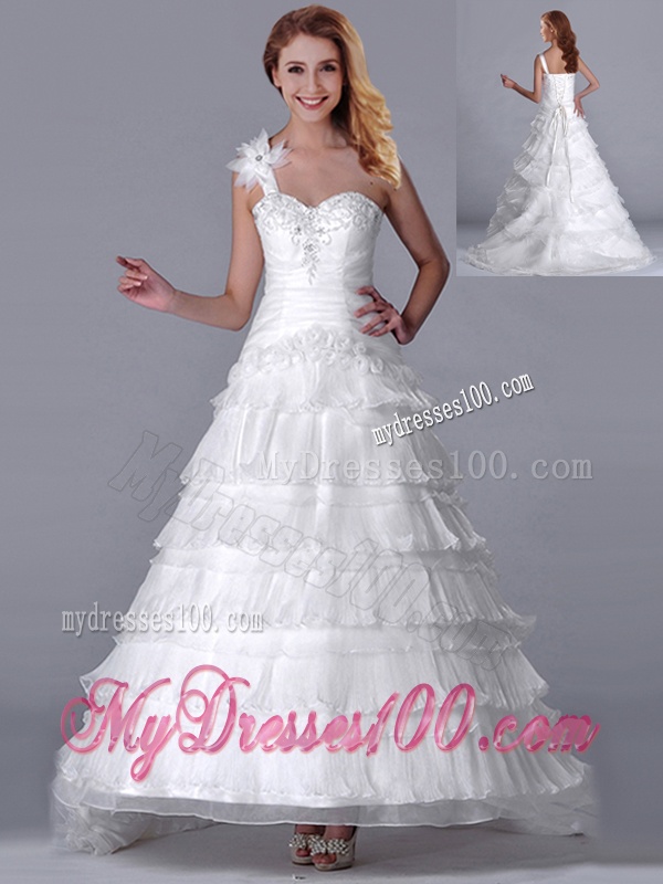 New Style One Shoulder Organza Brush Train Wedding Dress with Beading and Ruffled Layers