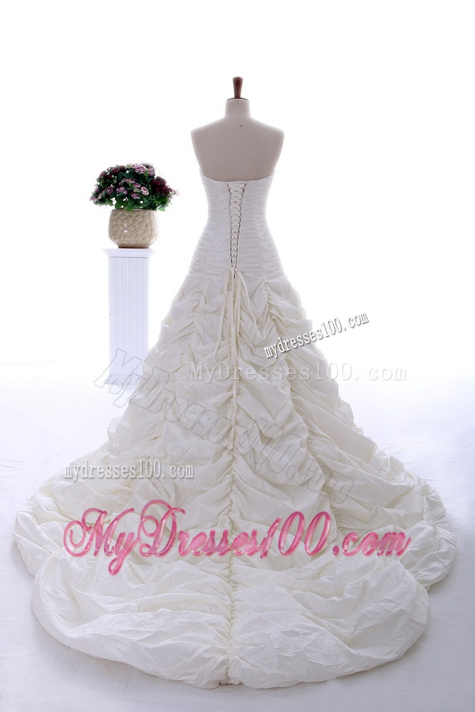 Perfect 2016 Brush Train Wedding Dress with Ruching and Pick Ups