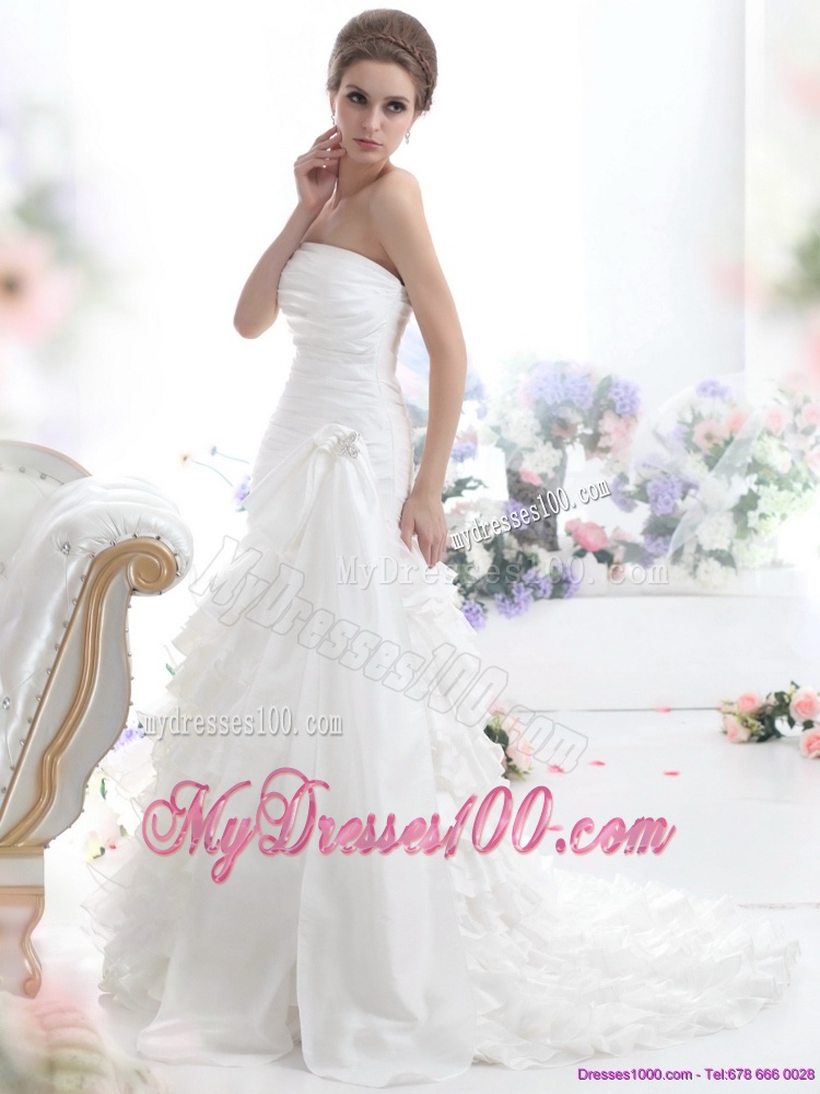 Pretty White Strapless Bridal Gowns with Ruffled Layers and Brush Train