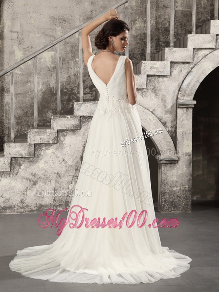 Ruching and Beading White Wedding Dresses with Brush Train