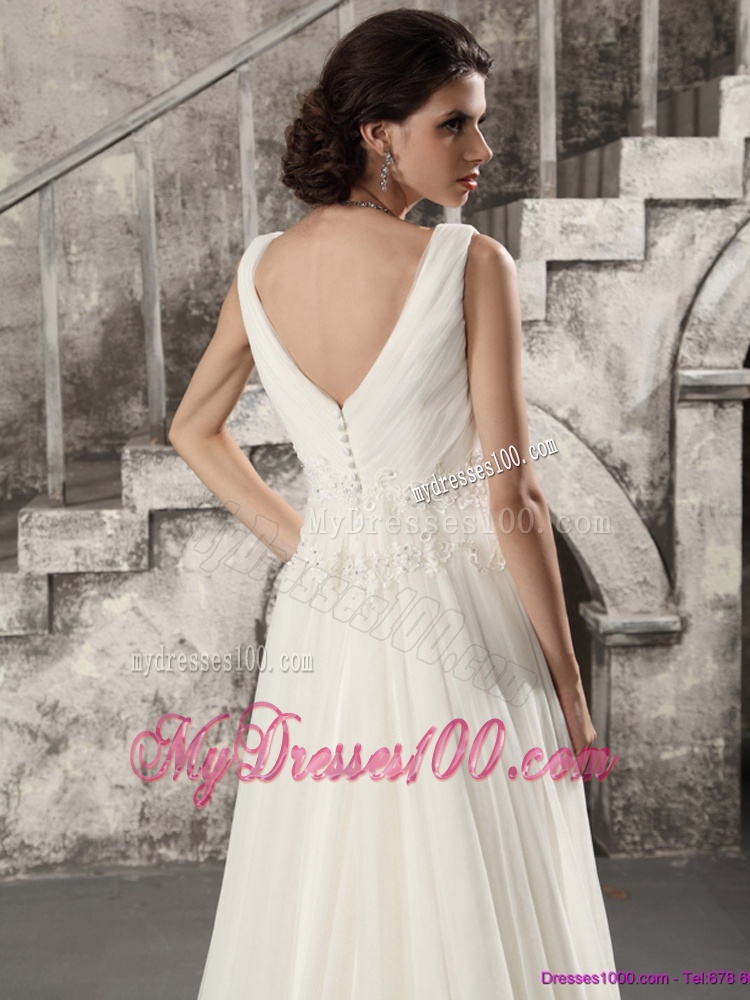 Ruching and Beading White Wedding Dresses with Brush Train