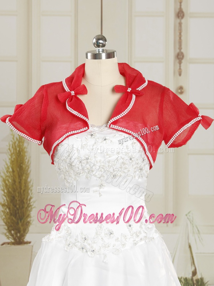 Ruching and Beading White Wedding Dresses with Brush Train