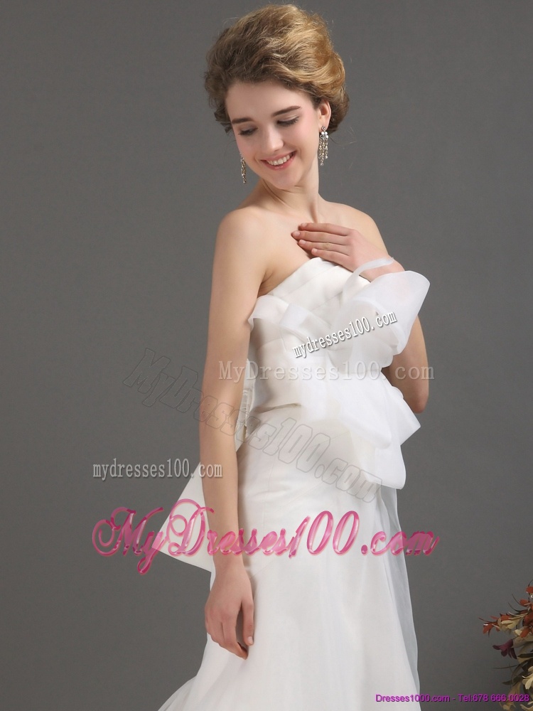 Ruffles Strapless Bownot White Wedding Dresses with Brush Train