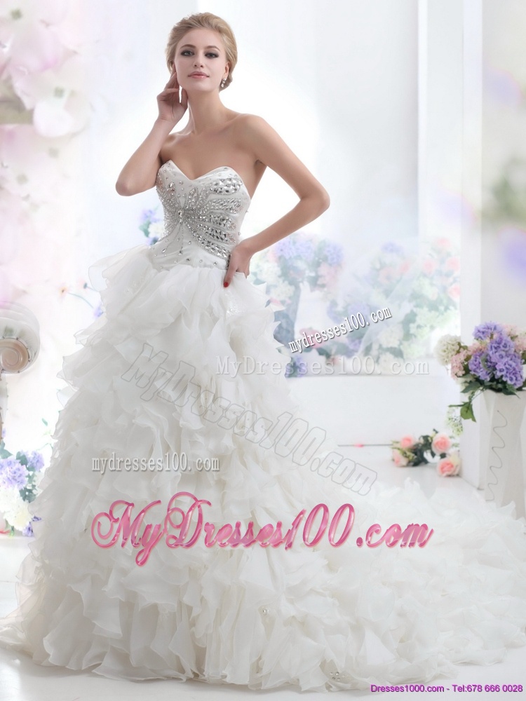 Sweetheart 2016 White Wedding Dresses with Rhinestones and Ruffles