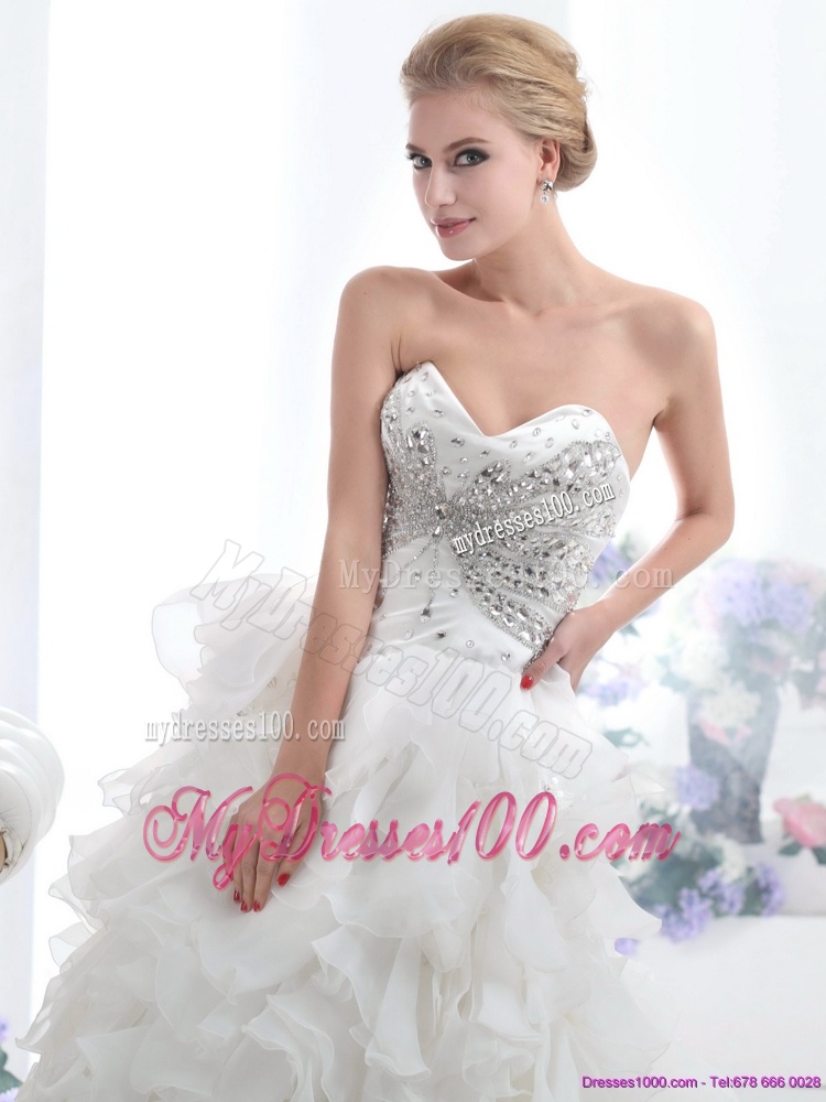 Sweetheart 2016 White Wedding Dresses with Rhinestones and Ruffles