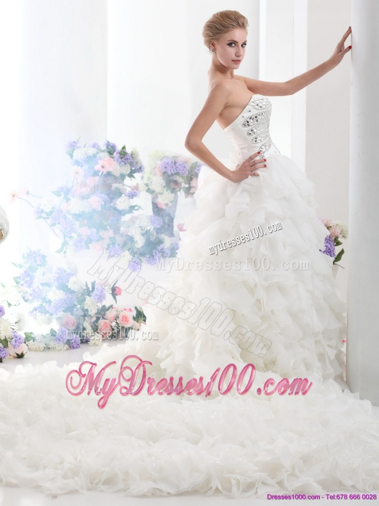 Sweetheart 2016 White Wedding Dresses with Rhinestones and Ruffles