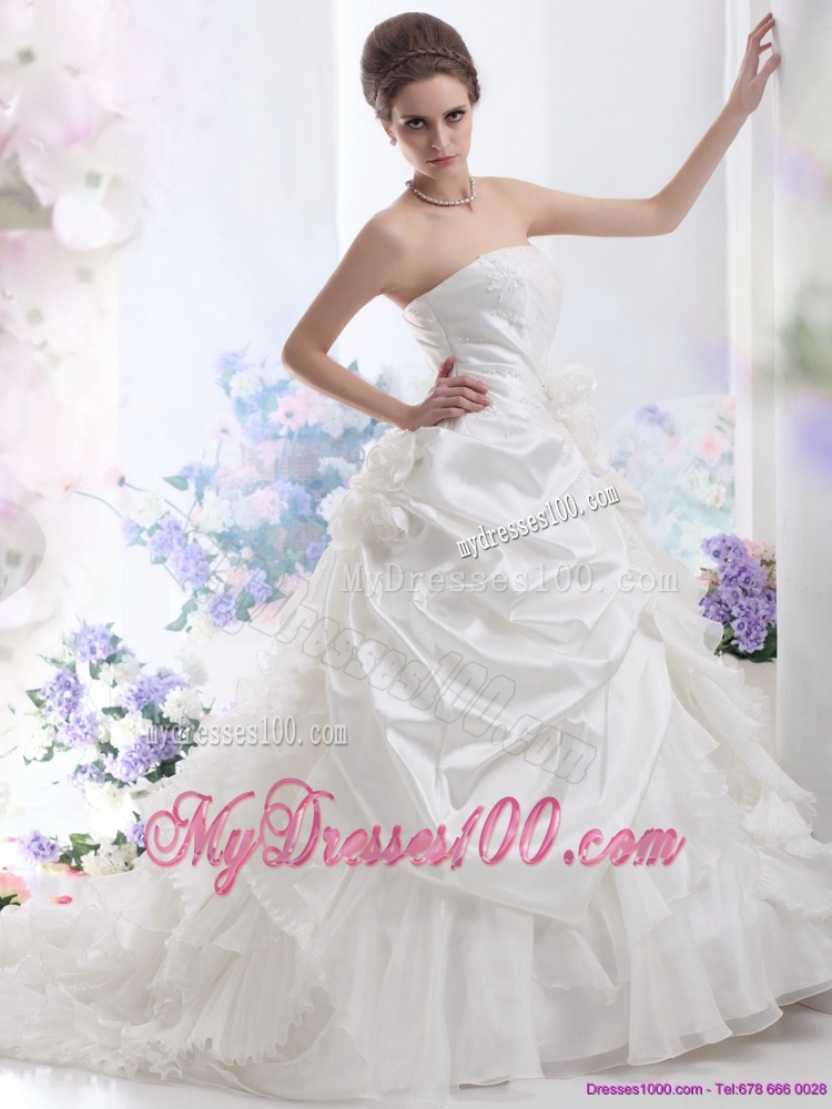 White Strapless Ruffles Bridal Gowns with Chapel Train and Hand Made Flower