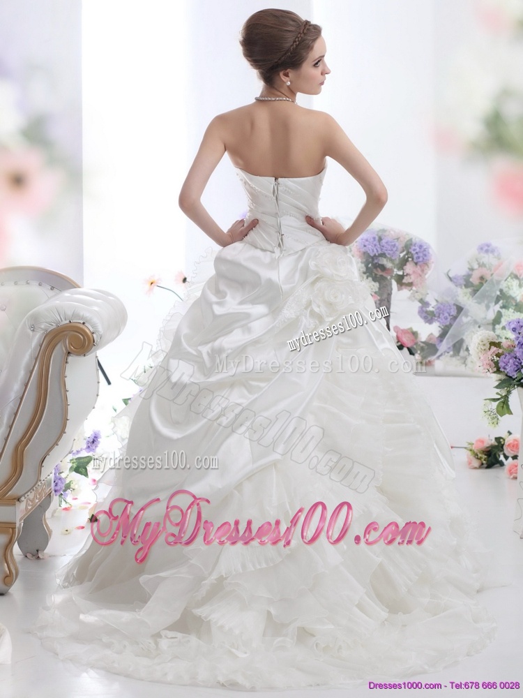 White Strapless Ruffles Bridal Gowns with Chapel Train and Hand Made Flower