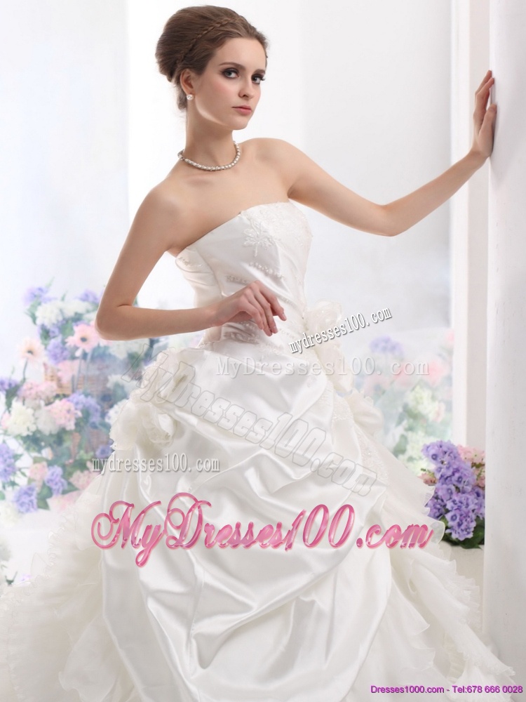 White Strapless Ruffles Bridal Gowns with Chapel Train and Hand Made Flower