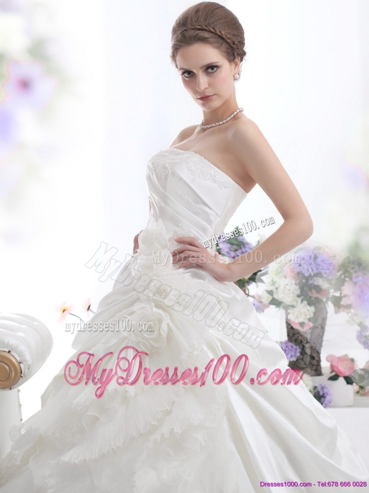 White Strapless Ruffles Bridal Gowns with Chapel Train and Hand Made Flower