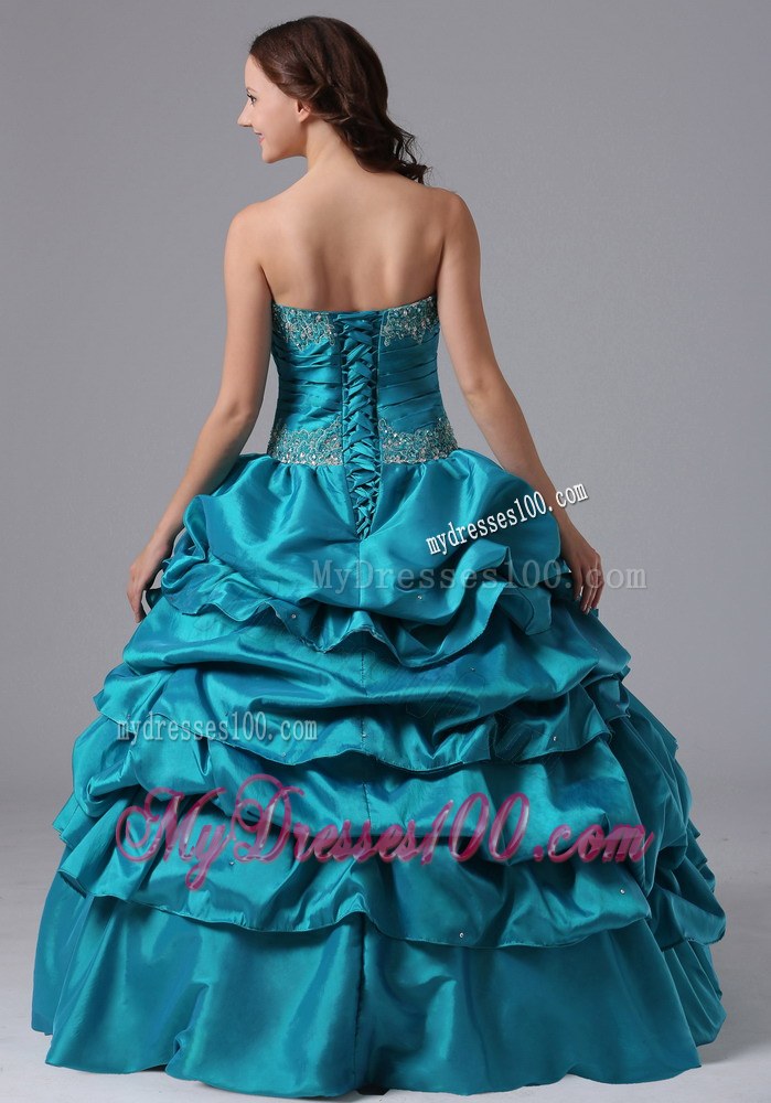 Pick-ups Quinceanera Dress With Beading and Ruching in Turqoise