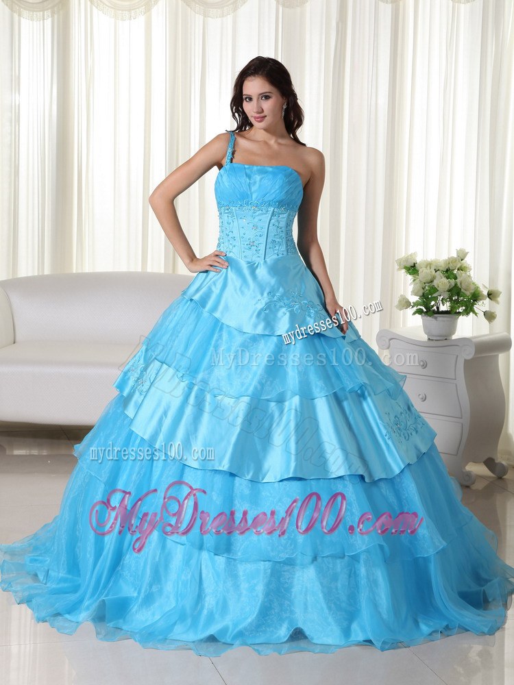 Aqua Ball Gown One Shoulder Floor-length Organza Beading Quincea