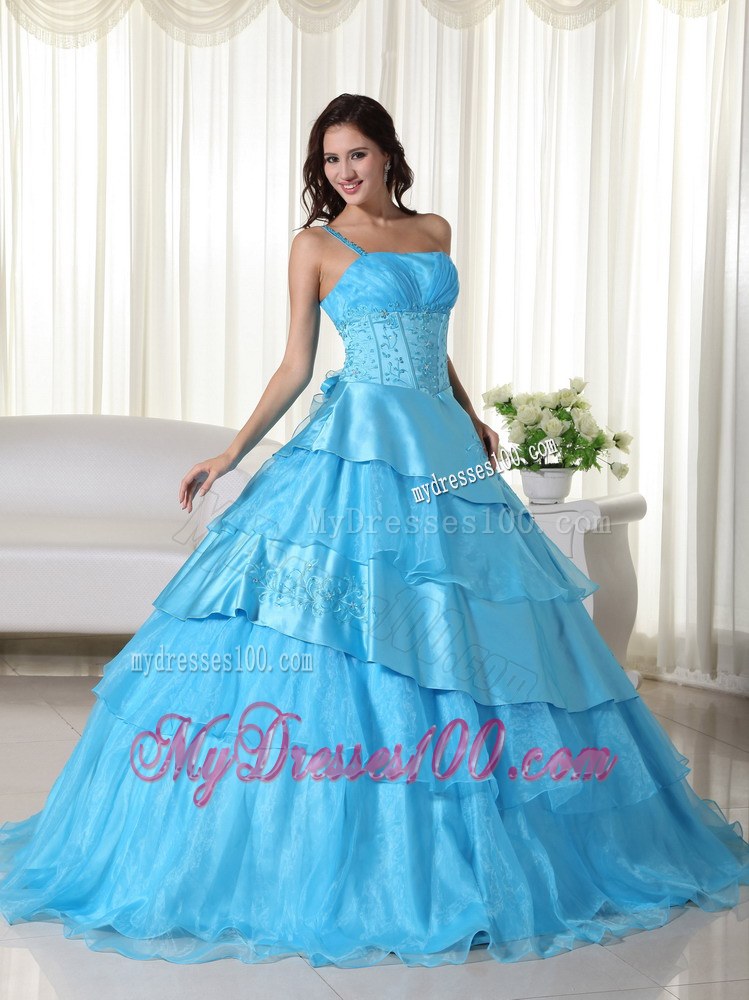 Aqua Ball Gown One Shoulder Beading Quinceanera Dress in Tiers