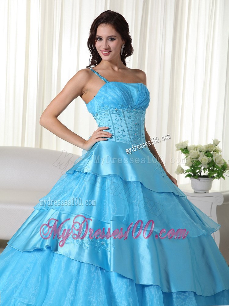 Aqua Ball Gown One Shoulder Floor-length Organza Beading Quincea