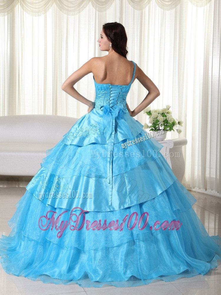 Aqua Ball Gown One Shoulder Floor-length Organza Beading Quincea