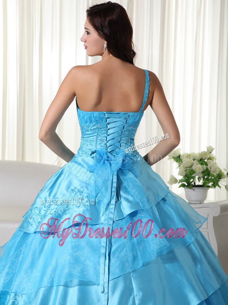 Aqua Ball Gown One Shoulder Floor-length Organza Beading Quincea