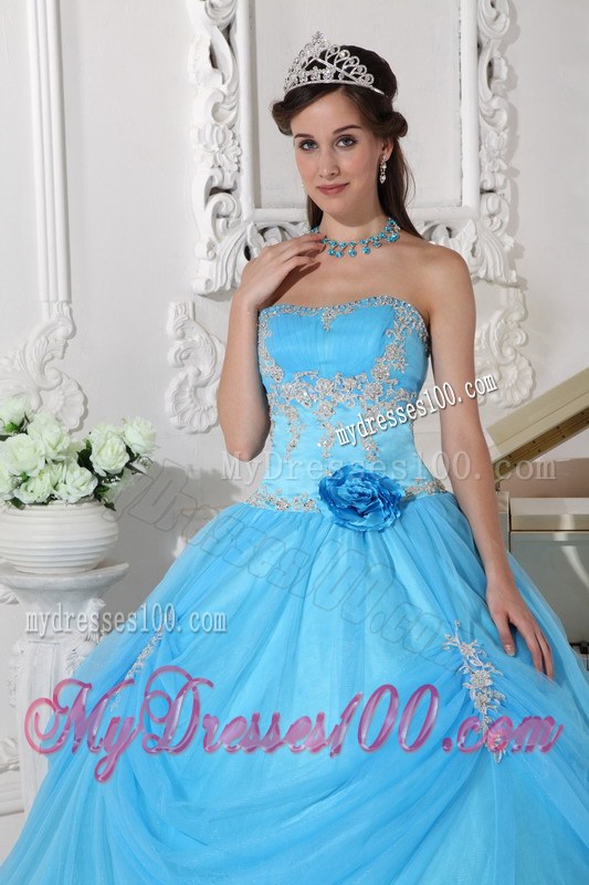 Aqua Blue Strapless Sweet sixteen dresses with Pick-ups and Appliques