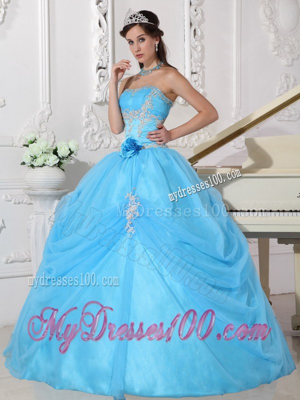 Aqua Blue Strapless Sweet sixteen dresses with Pick-ups and Appliques