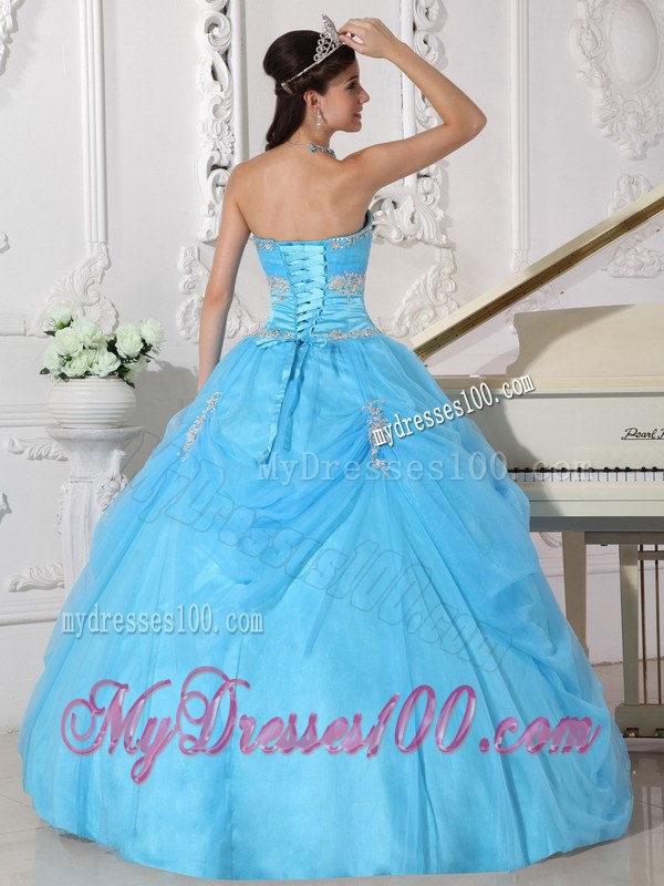 Aqua Blue Strapless Sweet sixteen dresses with Pick-ups and Appliques