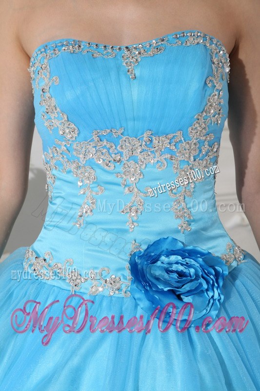 Aqua Blue Strapless Sweet sixteen dresses with Pick-ups and Appliques