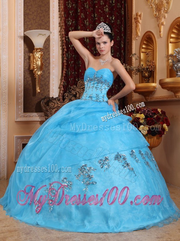 Aqua Blue Sweetheart Ruching Beading Appliques Dress for Quinces