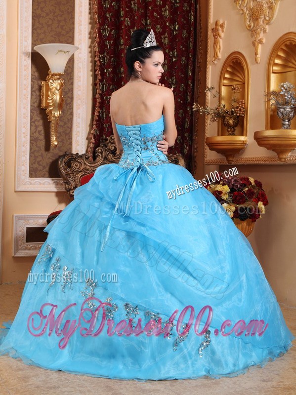 Aqua Blue Sweetheart Ruching Beading Appliques Dress for Quinces